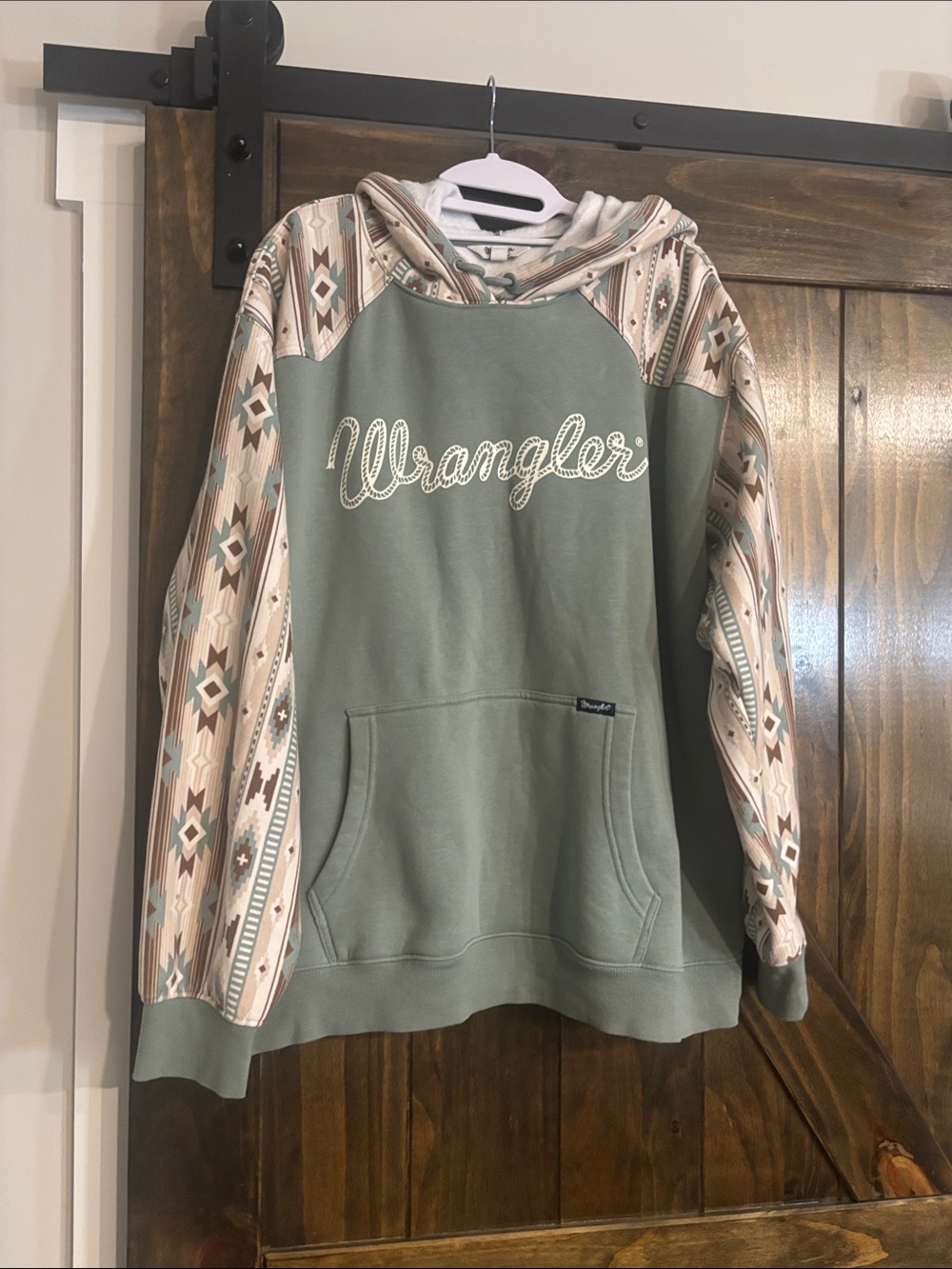 Wrangler Sage Green Zip-Up Style Hoodie with Aztec-Print Sleeves